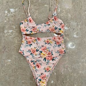Pink Floral One Piece Cut-Out Swimsuit Size Small